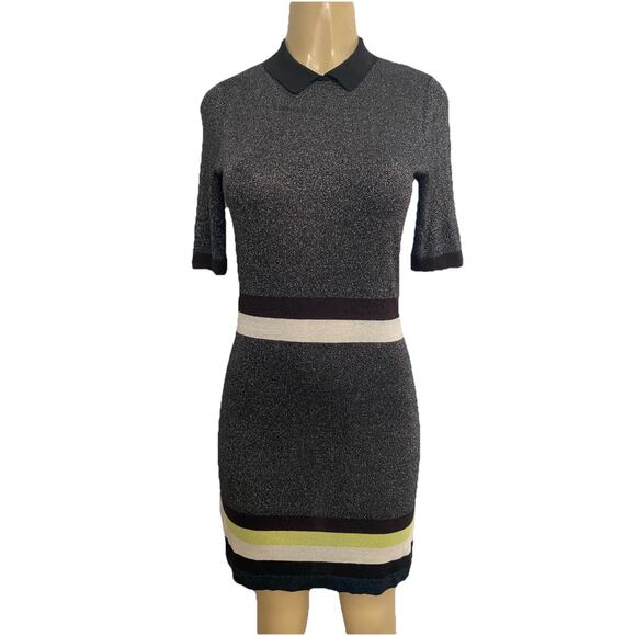 TED BAKER Dress Knit Metallic Silver Short Sleeve Striped Collared Shimmer 0 XS - Picture 1 of 8